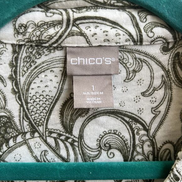 Chicos Top Womens 1 Regular Medium M Green Shirt Pullover Linen Paisley Tee - Picture 3 of 4